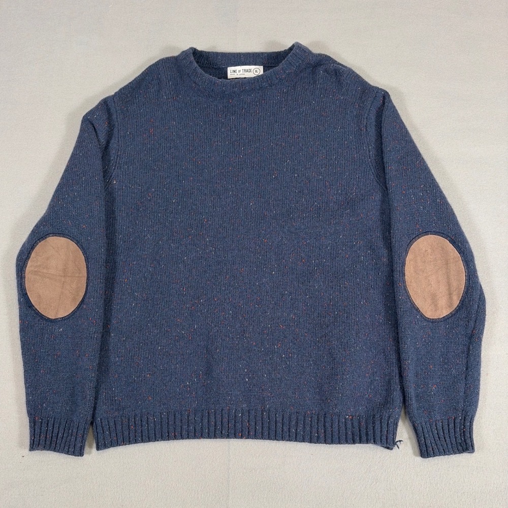 Line of‎ Trade Mens XL Blue Donegal Wool Blend Sweater Elbow Patches Crewneck